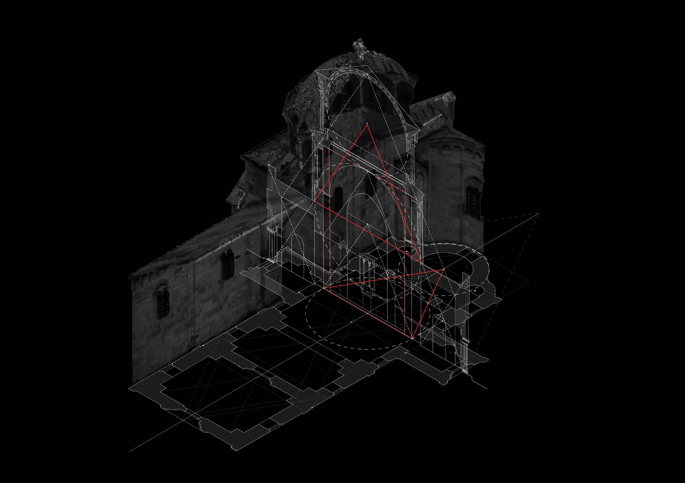 Image of the point cloud, plan and section of Studenica